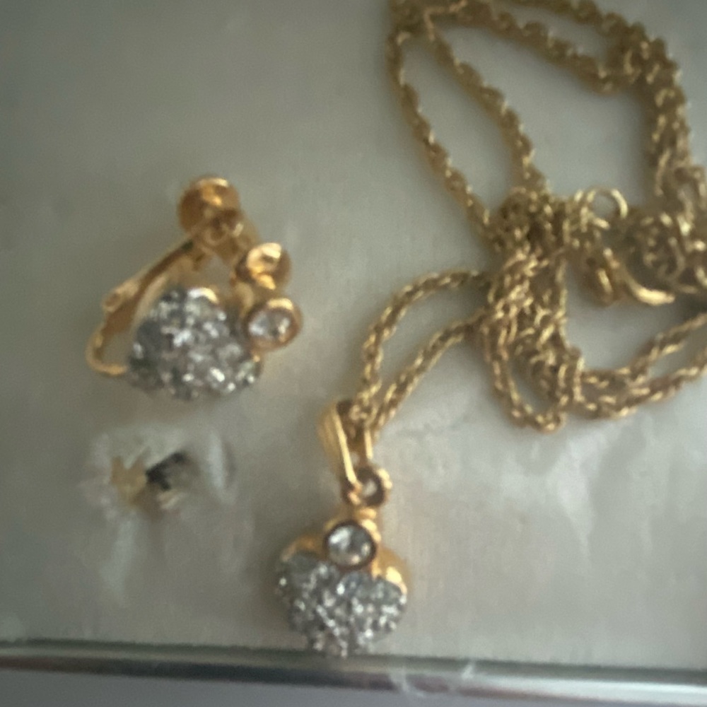 Mario Valentino Rhinestone Heart Necklace with Matching Clip on Earrings